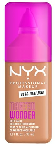 NYX Professional Makeup - Make 'Em Wonder - Fond de Teint - Tenue 24h - Pas d'effet plâtre - Acide Hyaluronique et extrait de Guarana - Formule Vegan - Teinte : Golden Light 18-30ml