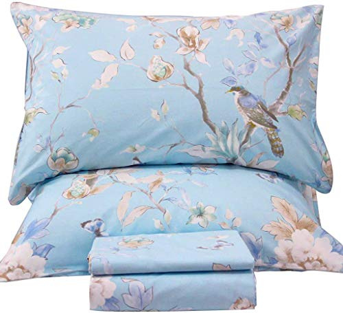 QSH Floral Bed Sheets Set King Size - Luxury Bird Buttefly Print Bed Sheet Set - 100% Egyptian Cotton Extra Soft and Breathable - 4 pcs Deep Pockets - Flower Bed Sheets