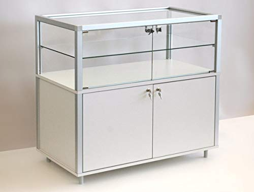 MHN Halbhohe Glasvitrine mit Rollen T 42,5 x B 79 x H 95 cm - breiter Vitrinenschrank abschließbar - Flache Alu-Glas Glasvitrine - LED-Beleuchtung