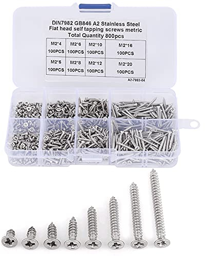 KINDPMA 800 Stück M2 Schrauben Set Edelstahl Blechschrauben Senkkopfschrauben Holzschrauben 4-20 mm Kreuzschlitzschrauben Selbstschneidende Schrauben mit Aufbewahrungsbox für 3D Drucker Türgriffe