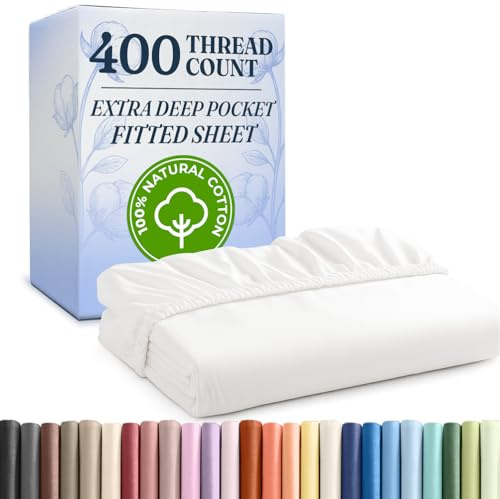 Queen 400 Thread Count Cotton Fitted Sheet - Hotel Quality 100% Cotton - Soft and Wrinkle Free - Deep Pockets - Fits Mattress Perfectly with No Pop-Off Elastic - One Fitted Bottom Sheet Only - White