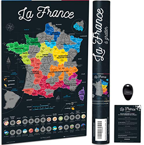 Bonanzana Karte von Frankreich zum Rubbeln – 70 x 42 cm – Poster zum Rubbeln der Regionen & französischen Departements mit Speisen & Orten – Geschenkkarte für Reisen – Scratch Off Map