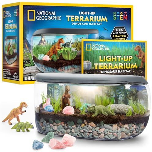 National Geographic Light Up Terrarium Kit for Kids - Build a Dinosaur Habitat with Real Plants & Gemstones, Science Kit, Dinosaur Toys for Kids (Amazon Exclusive)