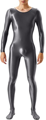 Men's Shiny Patent Leather Catsuit Full Body Men Design Sexy Latex Tight Zip Jumpsuit Rubber Clothing with Crotch Strap Zip Patent Leather Long Sleeve Wetlook Top Vest Fitness, gray, M