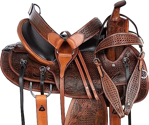 Western Horse Saddle TACK Headstall REINS Breastplate Hand Carved Cowhide Leather Pleasure Trail Endurance Riding Set 10'' to 18'' ME-WLS-111 (10 Seat)