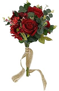 DRW Bouquet de Mariée Rouge avec Roses et Fleurs Sauvages Bouquet Artificiel Mariée Rouge 56x32Ø cm