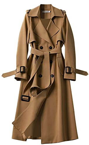 Lång damkappa med bälte, elegant, knälång trenchcoat med fickor, vindtät vinterrock, övergångskappa, trendig vindjacka