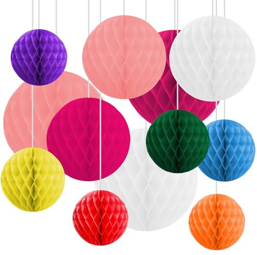 12 Pack Honeycomb Decorations Paper Balls Large Mix of 6, 8,10,12 Tissue Paper pom poms Valentine Mother's Day Birthday Baby Shower Wedding Easter Festive (Happy)