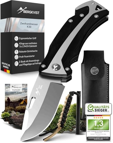 BERGKVIST® K30 Coltello pieghevole 3-in-1 - coltellino tascabile a due mani per la sopravvivenza, la caccia e il campeggio con tagliacinture e rompivetro - Manico in G10 nero