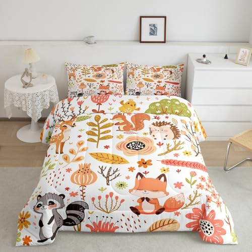 Feelyou Kawaii Animals Comforter Twin Size Bedding Set for Kids Children Cute Fox Woodland Raccoon Wildlife Print Bedding Set Flower Leaves Quilt Duvet Set Colorful Toddler Bedroom Decor