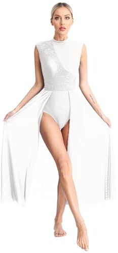 Xnihocha Disfraz de danza lírica para mujer, sin mangas, vestido de ballet, vestido maxi de tul, moderno y contemporáneo, traje de gimnasia, traje de baile, Blanco, L