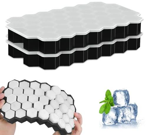 PERSENTU Black Ice Cube Molds 37 Hexagonal for Freezer Ice Cube Tray with Lid, 2Pcs Silicone Ice Cube Moulds, Small Ice Cube Trays, Each Makes Ice Cubes Silicone for Chilled Drinks, Whiskey, Cocktail