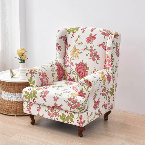 Highdi Wingback Chair Covers 2 Piece Chic Floral Stretch Wing Chair Cover Sofa Cover Armchair Slipcover Washable Non Slip Furniture Protector for Living Room Bedroom Hotel (Pink Flowers)