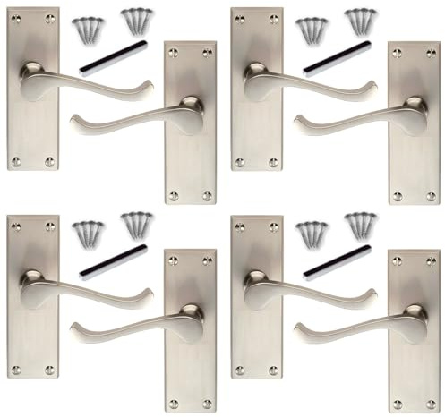 DISCOUNT HARDWARE UK Victorian Scroll Door Handle Set, Satin Nickel Finish, 4 Pairs, Back Plate 11.8cm x 4.2cm Interior Wooden Doors