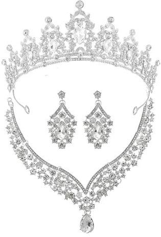 XFSRG Elegante Set de Joyería de Novia de 3 Piezas con Corona Brillante Collar en V y Pendientes de Gota Joyería de Lujo para Bodas y Ocasiones Especiales (Plata)