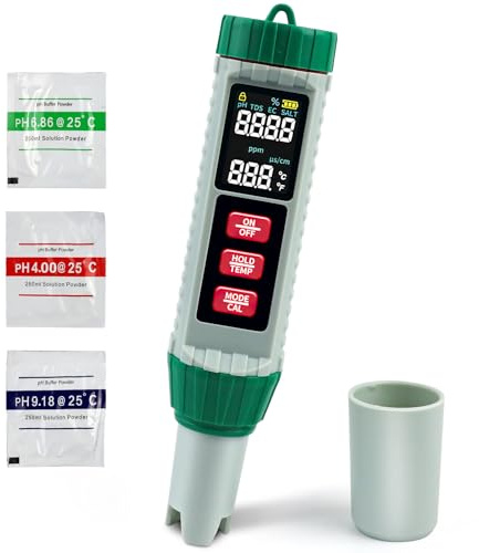 PH Messgerät Wasser, 5in1 PH EC TDS Salzgehalt Temperatur Hochpräziser Digital Pool tester mit LCD-Display, Automatischer Temperatur Kompensations pH Pool Tester, Hochpräziser Trinkwasser Wassertester