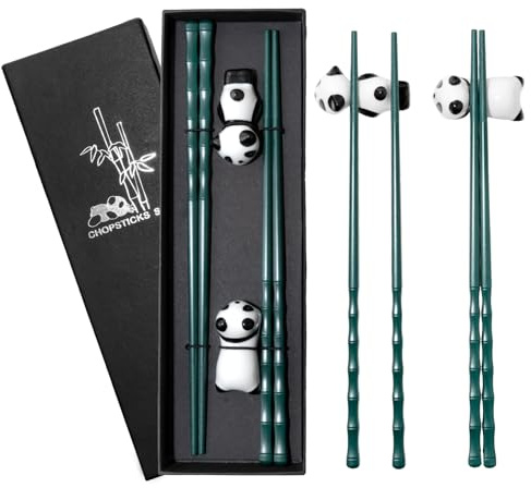 GOTDYBST Set di bacchette per sushi Panda: 2 paia di bastoncini a forma di bambù con 2 bastoncini, squisita confezione regalo, bacchette cinesi, regalo per gli amanti del panda