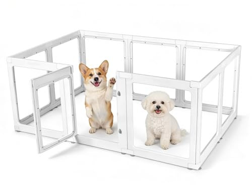 Trsaow Acrylic Dog Playpen,10 Panels Easy Assemble pen, 60cm Transparent Pet Playpen for Indoor & Outdoor with Lockable Door,Heavy Duty Puppy Pen Fence for dogs/cats/Rabbits(150 * 100 * 60CM)