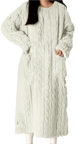 Dam långärmad fleece vinter nattlinne långärmad husklänning för kvinnor med fickor nattklänningar plusstorlek vinterrock pyjamas med fickor plysch myskläder vinter morgonklänning, Vitt, L