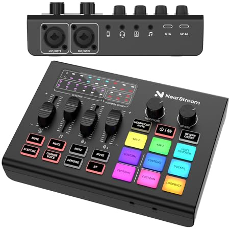 NearStream Gaming Audio Mixer with Pro Mic Preamp, Dual XLR/6.35mm Inputs, 48V Phantom, RGB, Voice Changer, Sound Pads, Loopback, Reverb, Denoise – Audio Interface for Podcast/Stream/Music (AMIX20U)