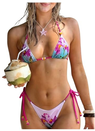 SOLY HUX Women's Floral Bikini Set Halter Triangle Tie Side String Bathing Suit Boho Summer Two Piece Swimsuit Beachwear Multicolor Medium