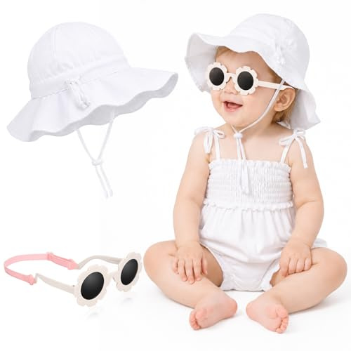 BTHRORO Bébé Chapeau de Soleil Fille Lunettes de Soleil, Chapeau de Plage Pliable avec Protection UV Polarisée Élastique Réglable Lunettes de Soleils pour Enfants 6-24 Mois
