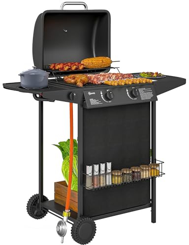 Outsunny Barbecue a Gas in Acciaio, BBQ a Gas a 2+1 Bruciatori da 7kW con Coperchio, Termometro, Tavolino Laterale, Portaspezie, Vaschetta Raccogli Grasso, Regolatore, Tubo, Ruote, Nero