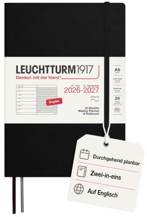 LEUCHTTURM1917 Veckokalender 2027 A5 med anteckningsbok, linjerad – möteskalender engelska, 18 månader juli 2026 – december 2027, svart, mjukt skydd, 210 x 145 mm, veckoöversikt vänster +