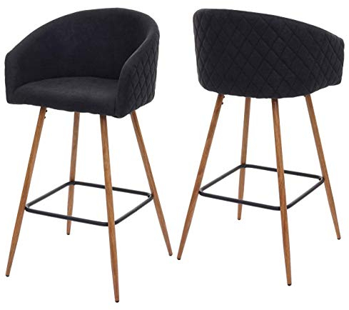 2er-Set Barhocker HWC-D72, Barstuhl Tresenhocker Küchenhocker mit Lehne, Metall Holzoptik - Stoff/Textil, anthrazit-grau