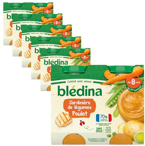 Blédina - Petits pots pour bébé - Jardinière De Légumes Poulet - 70% d'ingrédients Français - Dès 8 mois - 12 pots de 200g