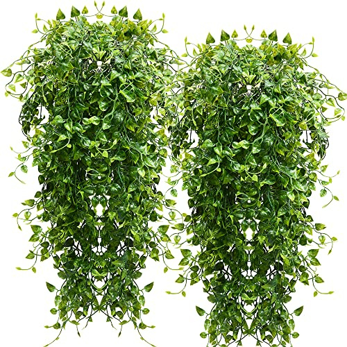 CLONG 2pcs Artificial Hanging Plants 32-in Fake Hanging Plant Fake Ivy Vine Outdoor UV Resistant Plastic Plants (Ivy)