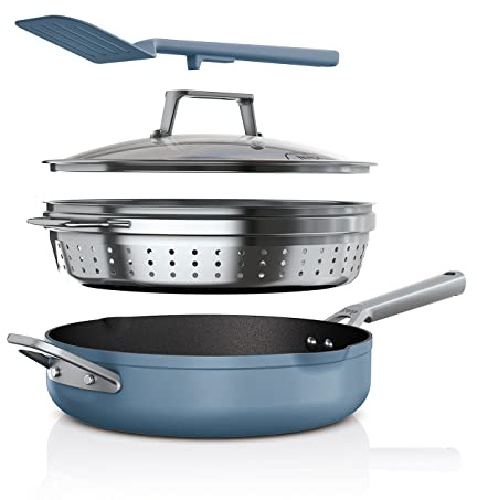 Ninja Foodi 9-in-1 PossiblePan with ZEROSTICK, Steamer/Strainer, Spatula, Glass Lid, 3.8L, Induction Compatible, Oven Safe to 260°C, Blue Macaroon, CW102BLUK