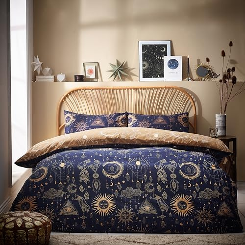 furn. Juego de Funda nórdica de constelación, Estampado de Galaxia Celestial con Estrellas y Lunas, Ropa de Cama Reversible de polialgodón (Dorado/Azul Marino, tamaño Super King)