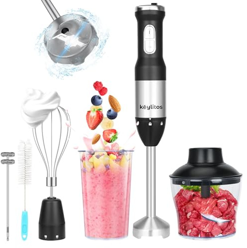 Keylitos 5 in 1 Immersion Hand Blender Mixer, [Upgraded] Handheld Stick Blender with 600ML Chopper, 800ML Beaker, Whisk and Milk Frother for Smoothie, Baby Food, Sauces Red,Puree, Soup (Black)