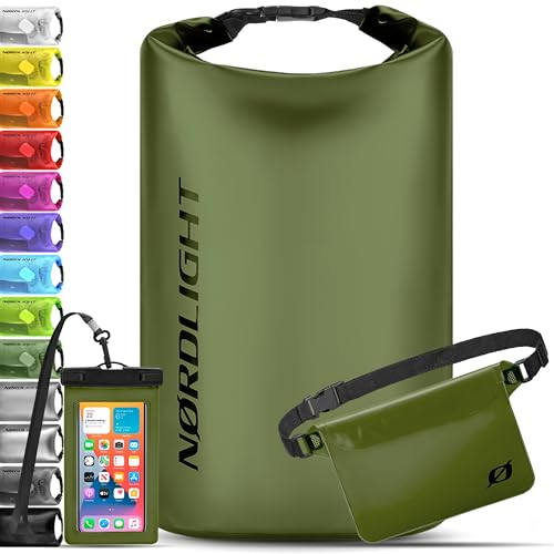 Nordlight wasserdichte Tasche 3er Set (Olivgrün) - Dry Bag 10l + wasserdichte Handyhülle + wasserdichte Hüfttasche | IPX8 Schutz | Mit Verstellbaren Gurten Für Strand, Stand Up Paddling
