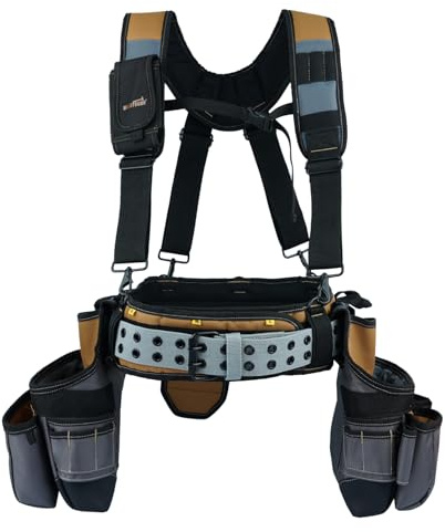 MELOTOUGH 28-Pocket Pro Framer's rig Combo Apron Tool Belt and Heavy Duty Padded Suspenders with Magnetic Desinger for Technician/Carpenter/and Electrician's Tools (Khaki)