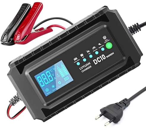 Yinleader Caricabatteria da auto 10 A 12 V/24 V 5 A, caricatore intelligente completamente automatico con schermo LCD, batteria per auto e moto