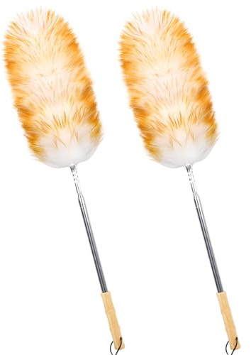 iHUFeather Lambswool Duster for Cleaning with Solid Wooden Handle Leather Hang Strap 87.8 Removable Retractable Feather Duster for Cleaning Ceiling Fans Window Blinds Interior Roof Furniture(2 Pack)