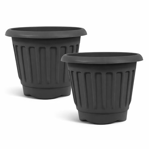 simpa Round Chunky Black Plastic Indoor or Outdoor Planters - Set of 2 Pots 40cm