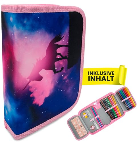 itenga Schüler-Etui 28 teilig gefüllt 1-Zipper Federmäppchen für Jungen und Mädchen (magisches Einhorn)