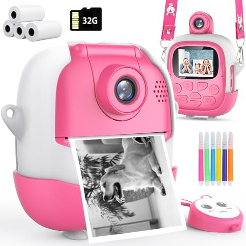 Kinderkamera Sofortbildkamera Digitalkamera 1080P mit 180°-Drehobjektiv, 4 Rollen Druckpapier & 32G Karte, Kamera Sofortbilder Fotokamera mit 6 Farbigen Stiften, Kamera Geschenk für Kinder 3-14 Jahre