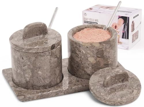 Speedstone marmor saltkällare med lock och bricka set med 2 | Handgjorda 10 cm saltbehållare i sten för bänkskiva, 15 ml kryddburk, sockerskål eller salthållare skål