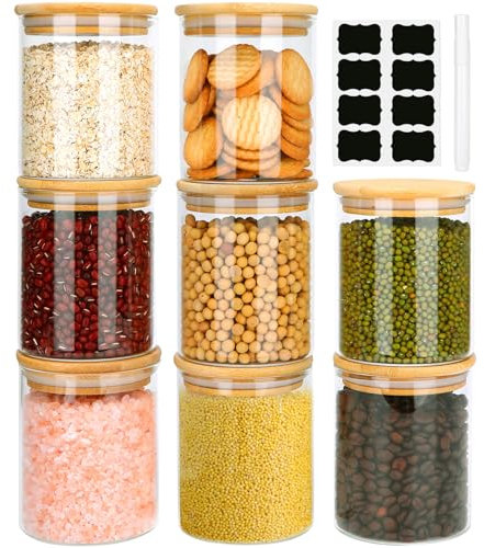 Aevcvok 8x430ml Barattoli Vetro con Coperchio, Barattoli Cucina Ermetici con Coperchi in Bambù, Contenitori Porta Pasta, Barattoli per Spezie, Erbe, Caffè