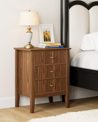 HEYZOEY Walnut Finish Bedside Table, 3 Fluted Drawers, Country17.8×13.3×24 | Modern country design with 3 smooth-gliding fluted drawers and gold knobs – practical storage for bedroom or living room