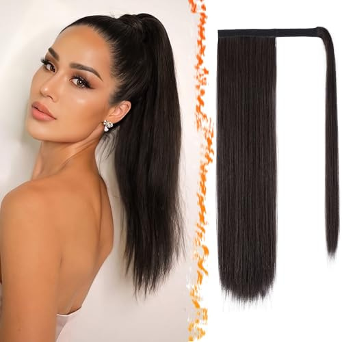 BARSDAR Liso Coleta Postiza Extensiones, 46cm Larga Liso Wrap Around Cola de Caballo Extension para Mujer Clip in Extensiones de Pelo Coleta Sintético Ponytail Postiza Diaria - Marrón Oscuro Mixto