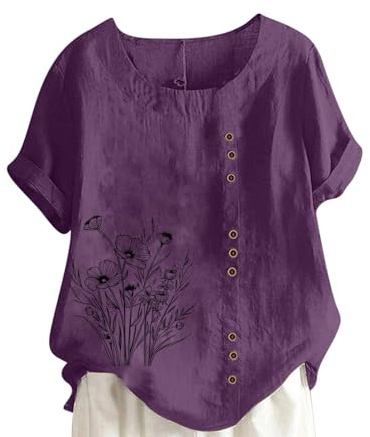 Linen T Shirt for Women UK Plus Size Elegant Cotton Rolled Short Sleeve Floral Shirts Dandelion Graphic T-Shirt Casual Summer Tee Lagenlook Tunic Tops Ladies Blouses Sale Clearance