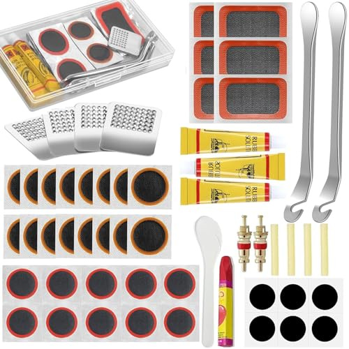 Haoutdory Kit de Réparation Vélo 56 Pièces,Rustines Autocollantes,Colle,Leviers,Clés, Valves et Outils pour Pneu VTT,Route,BMX et Vélo Électrique