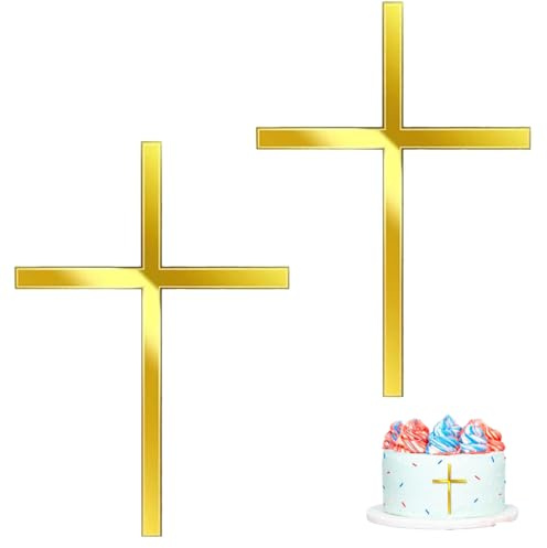 Lot de 2 décorations de gâteau en forme de croix dorée - Décoration de gâteau de communion - Pour mariage, anniversaire, fête, baptême