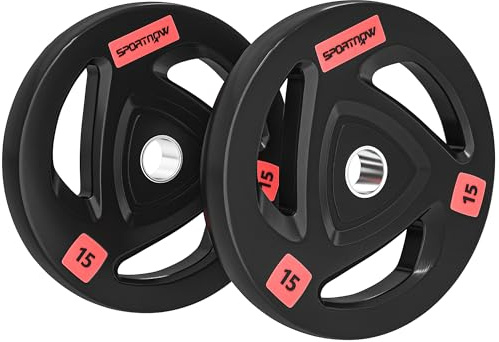 SPORTNOW Discos Pesas Olímpicos 15 kg, Agujero Ø50 mm, de Hierro Fundido, Recubierta de Goma, 2 Placas de Pesas con Triple Agarre, para Mancuernas y Barras, Entrenamiento en Casa, Gimnasio, Negro