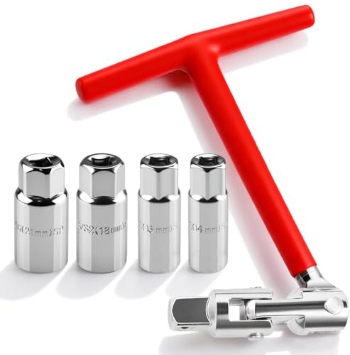 Msauifncp 5 Pezzi Kit Chiave per Candele Auto con Chiavi a Snodo con 4 Teste Intercambiabili 14mm 16mm 18mm 21mm e Manico a T Comfortevole per Auto Moto Tagliaerba per la Rimozione delle Candele